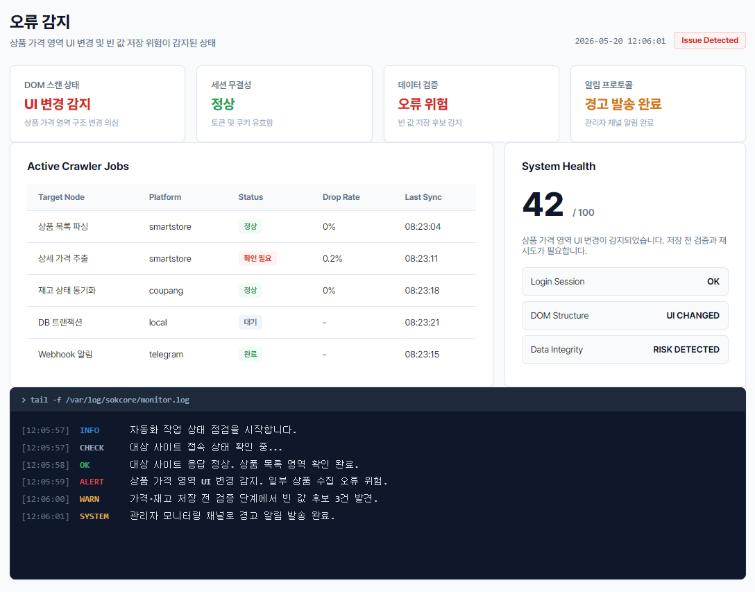 오류 발생 및 누락된 결과 화면